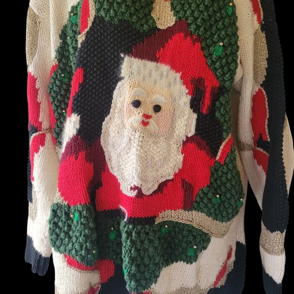 Vtg 80s 90s Hand-Knit Ugly Christmas Sweater With Santa Claus & Festive Design - Picture 3 of 16